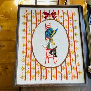 c1975 Large 21 x 18" Holly Hobbie Hand Embroidery Folk Art in Orange Wood Frame
